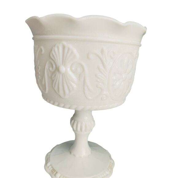 Milk Glass Compote Bowl Planter Candy Dish Scrolled Floral Motif Indiana Glass - Picture 6 of 7